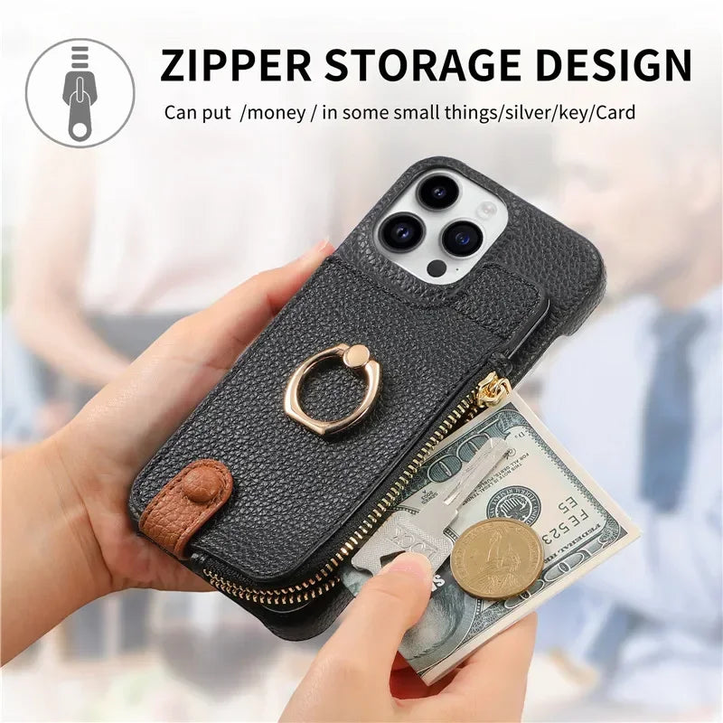 Premium iPhone Case Leather Zipper Wallet Cover Card Holder Ring Kickstand Magnetic Closure Shockproof Full Protection Slim Design