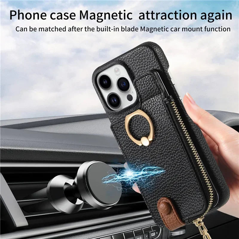 Premium iPhone Case Leather Zipper Wallet Cover Card Holder Ring Kickstand Magnetic Closure Shockproof Full Protection Slim Design