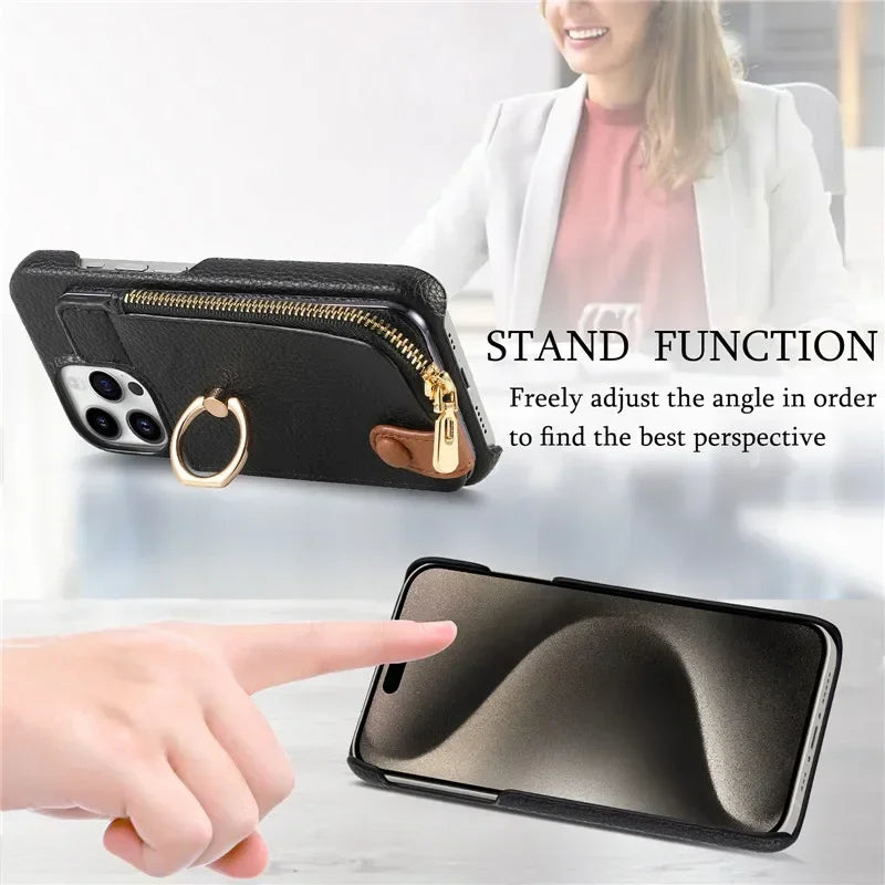 Premium iPhone Case Leather Zipper Wallet Cover Card Holder Ring Kickstand Magnetic Closure Shockproof Full Protection Slim Design