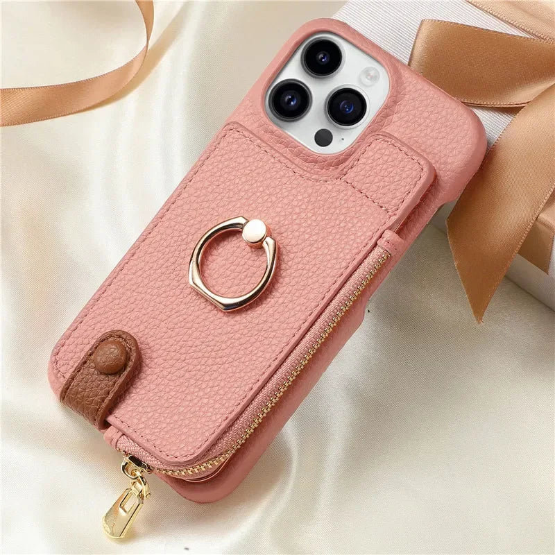 Premium iPhone Case Leather Zipper Wallet Cover Card Holder Ring Kickstand Magnetic Closure Shockproof Full Protection Slim Design