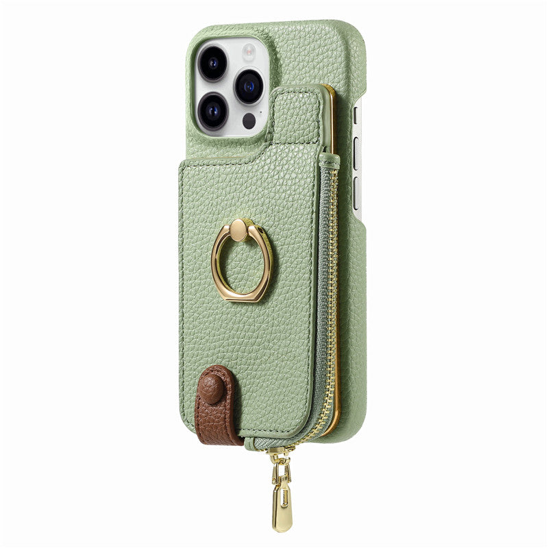 Premium iPhone Case Leather Zipper Wallet Cover Card Holder Ring Kickstand Magnetic Closure Shockproof Full Protection Slim Design