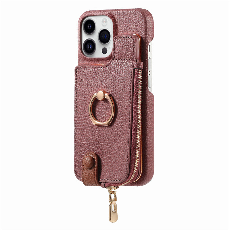 Premium iPhone Case Leather Zipper Wallet Cover Card Holder Ring Kickstand Magnetic Closure Shockproof Full Protection Slim Design