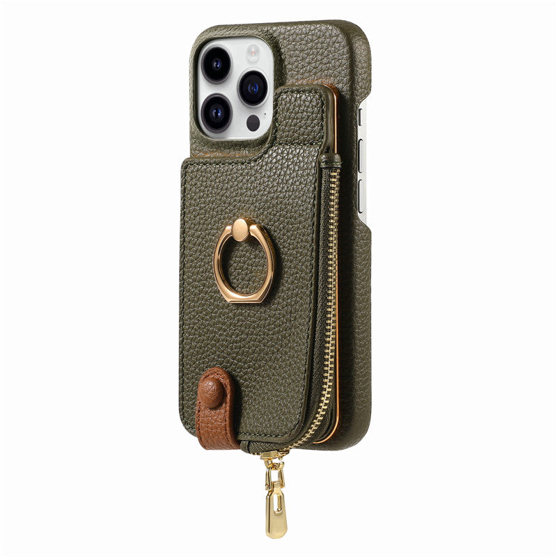 Premium iPhone Case Leather Zipper Wallet Cover Card Holder Ring Kickstand Magnetic Closure Shockproof Full Protection Slim Design