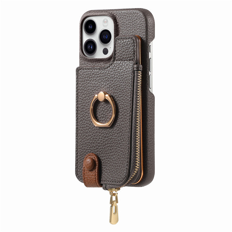 Premium iPhone Case Leather Zipper Wallet Cover Card Holder Ring Kickstand Magnetic Closure Shockproof Full Protection Slim Design