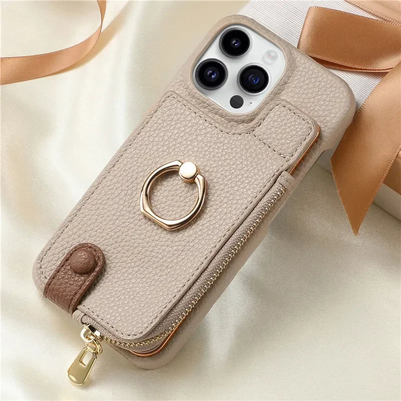 Premium iPhone Case Leather Zipper Wallet Cover Card Holder Ring Kickstand Magnetic Closure Shockproof Full Protection Slim Design