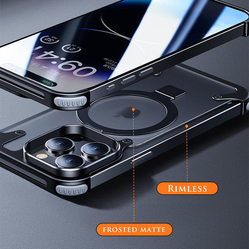 Premium iPhone Case MagSafe Compatible Aluminum Frame Magnetic Shockproof Protective Cover Ultra Thin Matte Metal Back Built-In Stand Camera Lens Protection Frameless Design