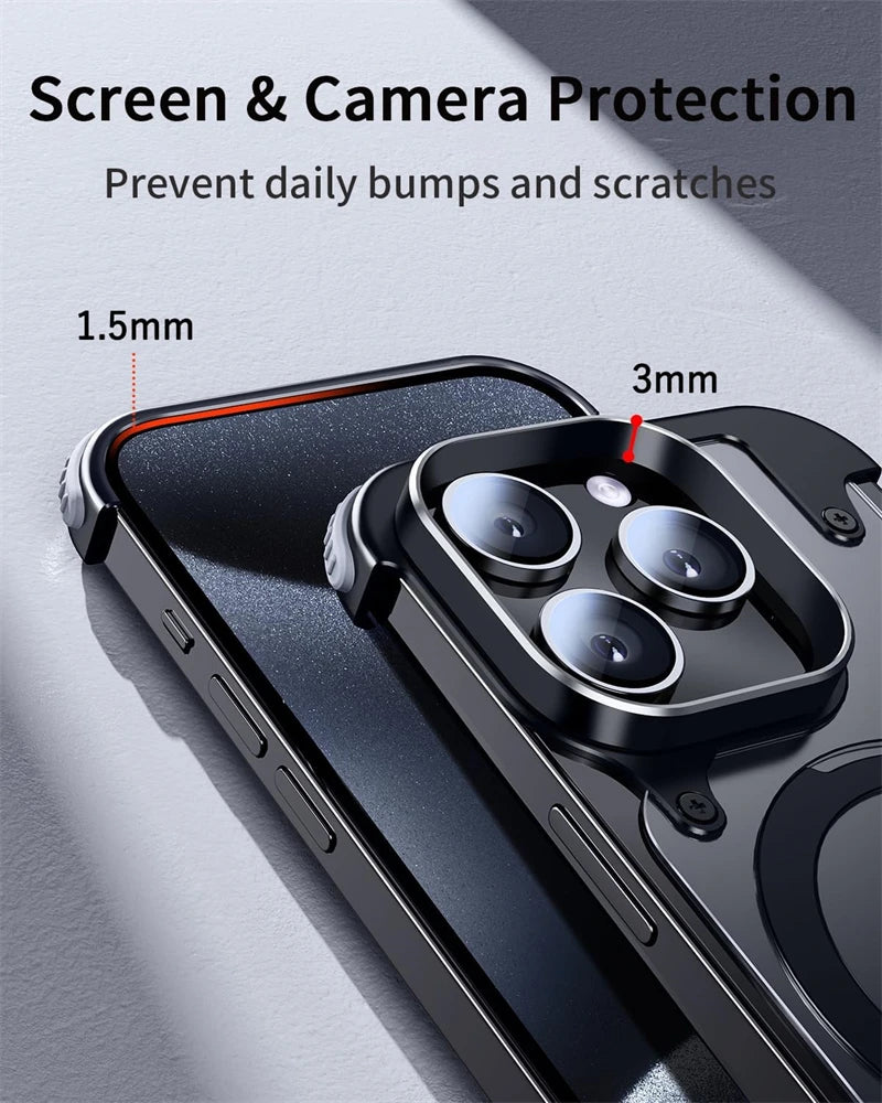 Premium iPhone Case MagSafe Compatible Aluminum Frame Magnetic Shockproof Protective Cover Ultra Thin Matte Metal Back Built-In Stand Camera Lens Protection Frameless Design
