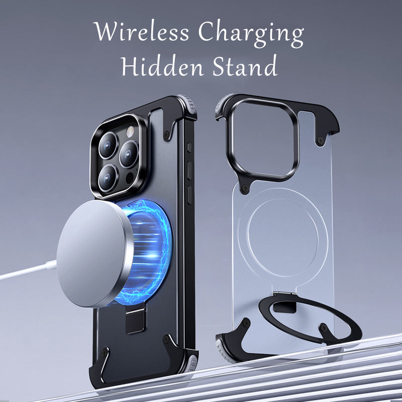 Premium iPhone Case MagSafe Compatible Aluminum Frame Magnetic Shockproof Protective Cover Ultra Thin Matte Metal Back Built-In Stand Camera Lens Protection Frameless Design
