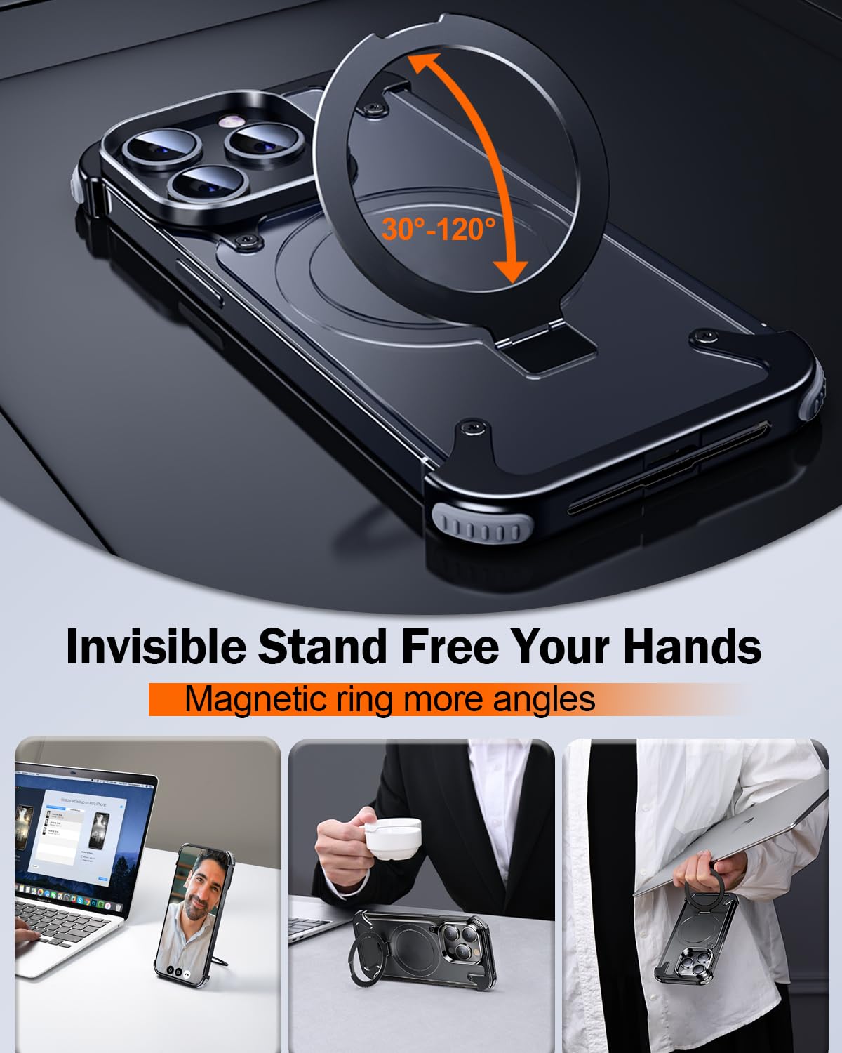 Premium iPhone Case MagSafe Compatible Aluminum Frame Magnetic Shockproof Protective Cover Ultra Thin Matte Metal Back Built-In Stand Camera Lens Protection Frameless Design