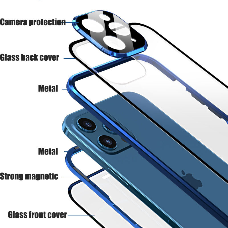 Premium iPhone Case MagSafe Compatible Aluminum Frame Tempered Glass Shockproof Protective Cover 360 Full Body Transparent Design Camera Lens Protection