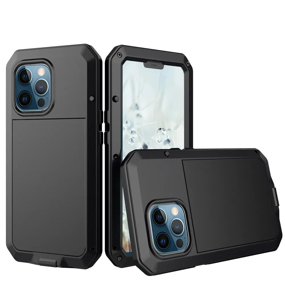 Premium iPhone Case MagSafe Compatible Aluminum Metal Frame Waterproof Shockproof Protective Cover Tempered Glass Screen Camera Lens Protection Full Body