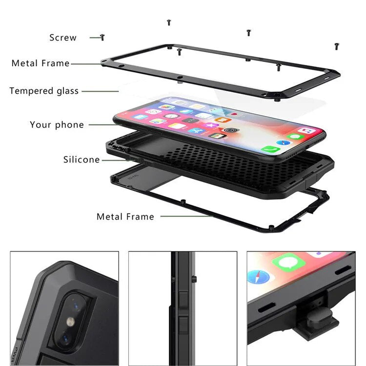 Premium iPhone Case MagSafe Compatible Aluminum Metal Frame Waterproof Shockproof Protective Cover Tempered Glass Screen Camera Lens Protection Full Body