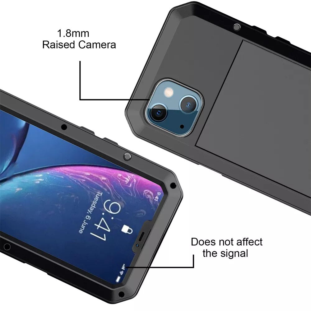 Premium iPhone Case MagSafe Compatible Aluminum Metal Frame Waterproof Shockproof Protective Cover Tempered Glass Screen Camera Lens Protection Full Body