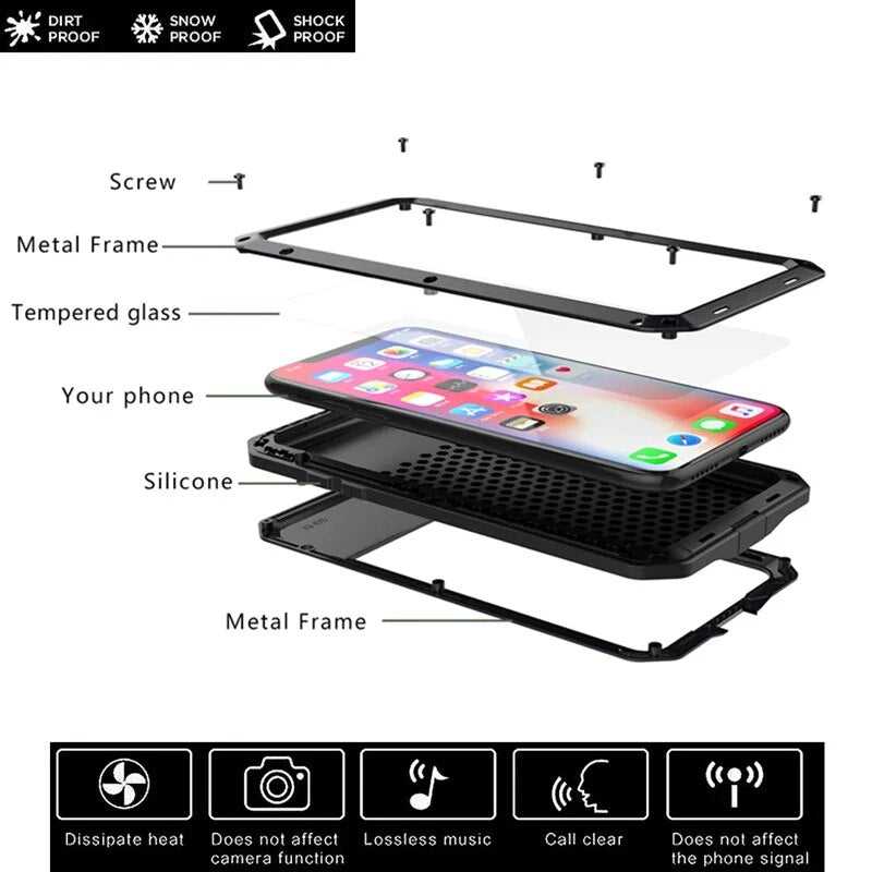 Premium iPhone Case MagSafe Compatible Aluminum Metal Frame Waterproof Shockproof Protective Cover Tempered Glass Screen Camera Lens Protection Full Body
