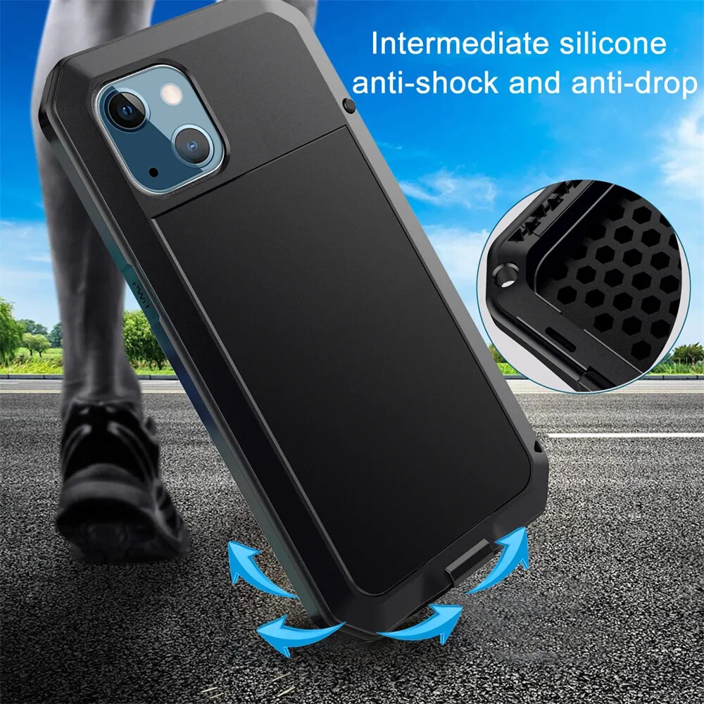 Premium iPhone Case MagSafe Compatible Aluminum Metal Frame Waterproof Shockproof Protective Cover Tempered Glass Screen Camera Lens Protection Full Body