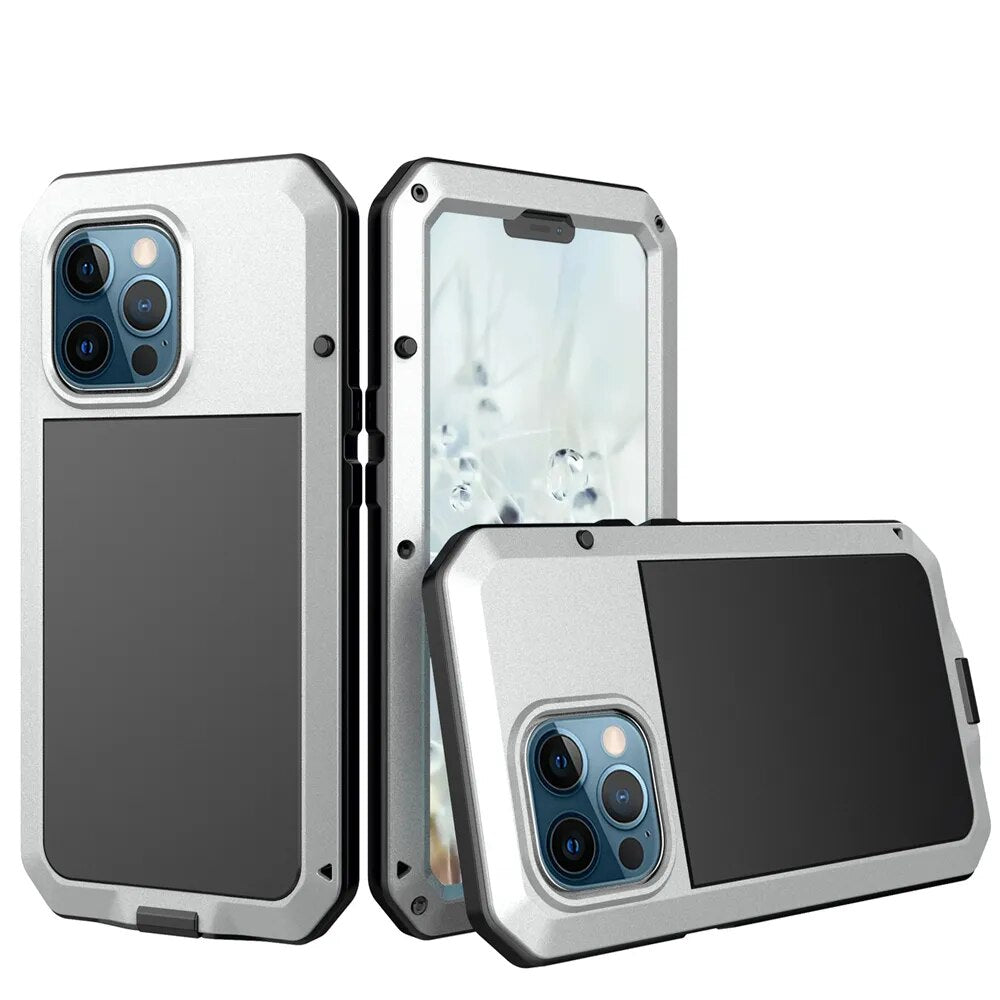 Premium iPhone Case MagSafe Compatible Aluminum Metal Frame Waterproof Shockproof Protective Cover Tempered Glass Screen Camera Lens Protection Full Body