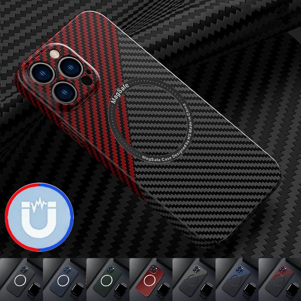 Premium iPhone Case MagSafe Compatible Carbon Fiber Magnetic Shockproof Protective Cover Slim Design Camera Lens Protection Lightweight