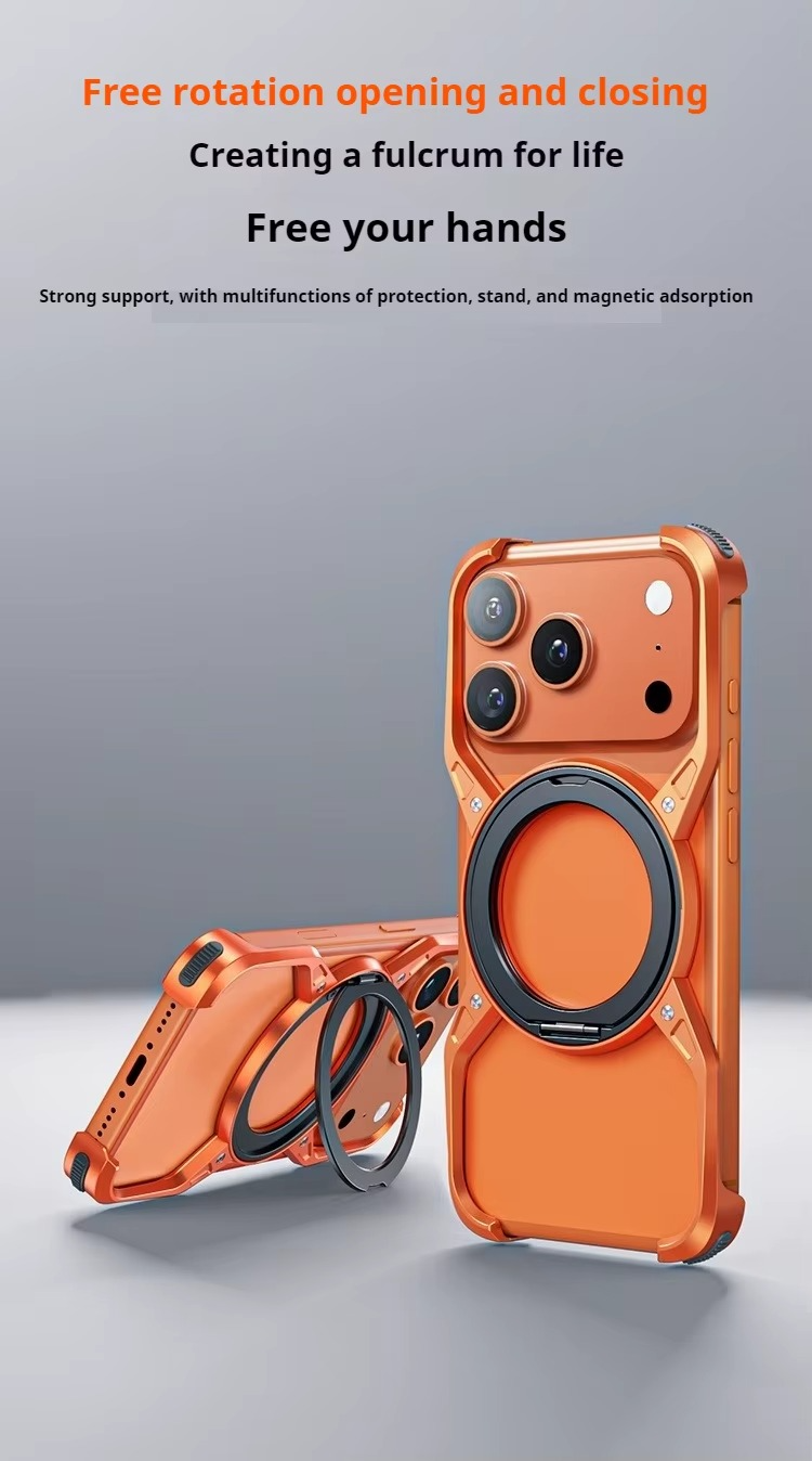 Premium iPhone Case MagSafe Compatible Magnetic Bumper Aluminum Alloy Frame 360° Rotating Ring Stand Shockproof Edge Protection Camera Lens Guard Slim Design