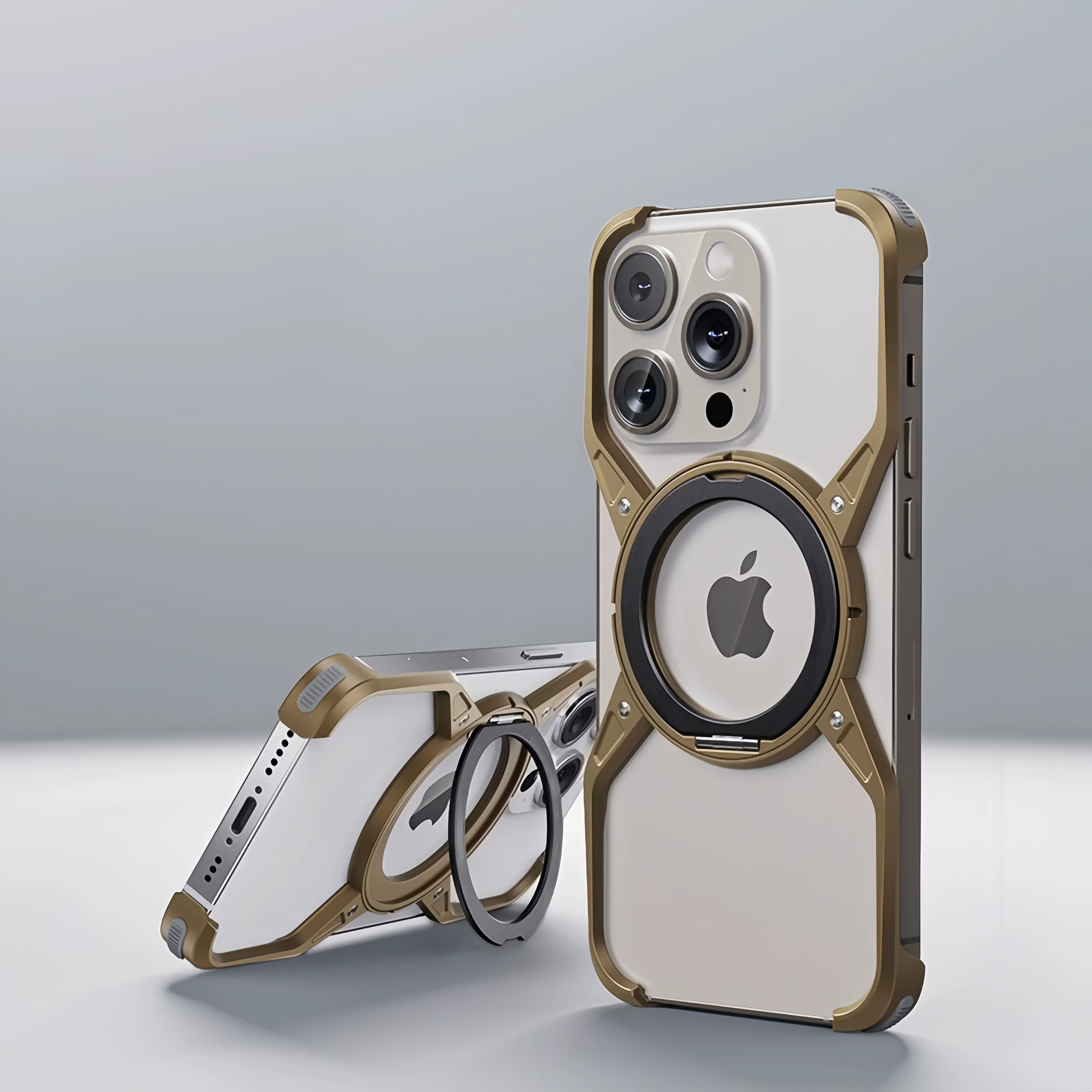 Premium iPhone Case MagSafe Compatible Magnetic Bumper Aluminum Alloy Frame 360° Rotating Ring Stand Shockproof Edge Protection Camera Lens Guard Slim Design