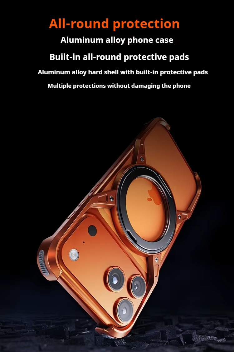 Premium iPhone Case MagSafe Compatible Magnetic Bumper Aluminum Alloy Frame 360° Rotating Ring Stand Shockproof Edge Protection Camera Lens Guard Slim Design