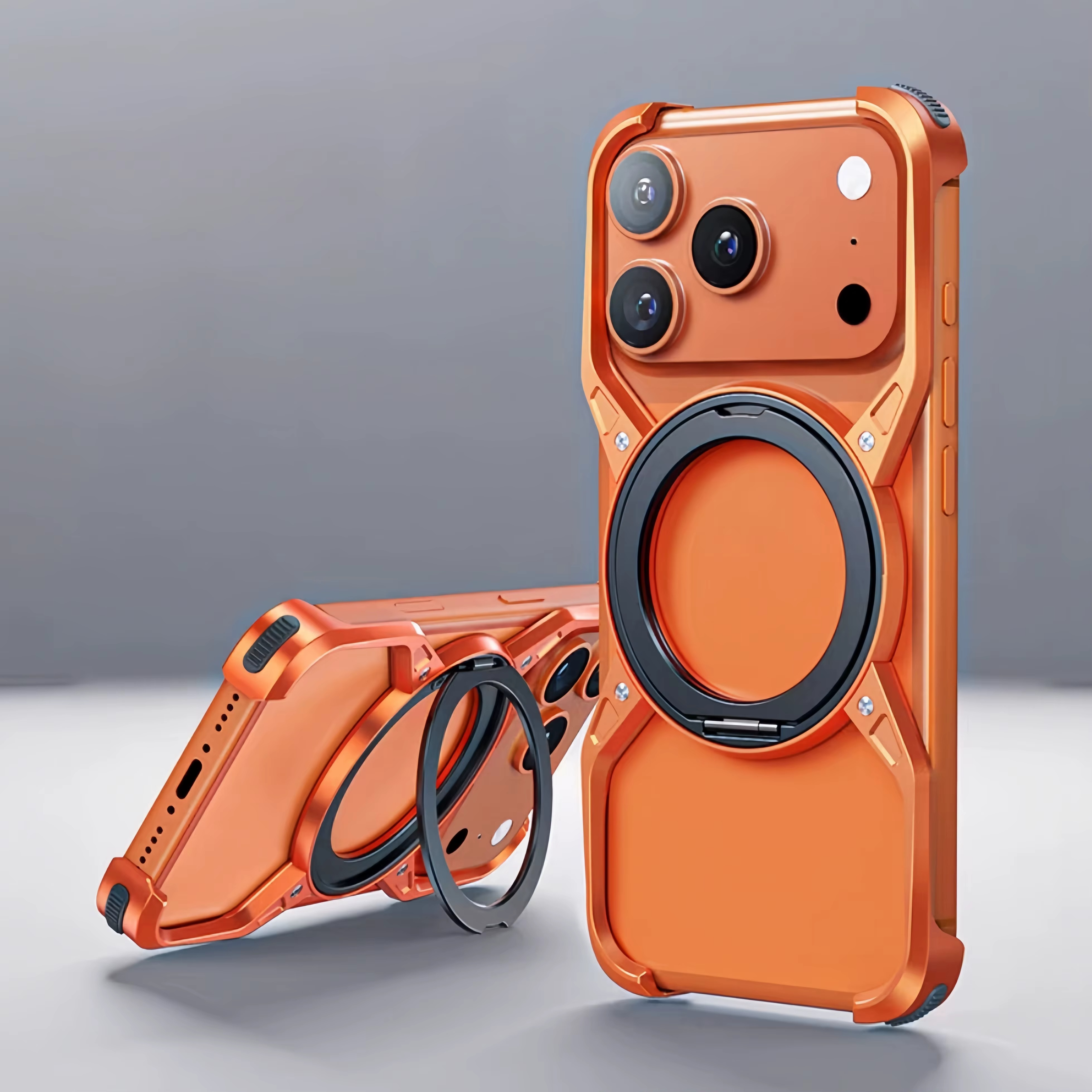 Premium iPhone Case MagSafe Compatible Magnetic Bumper Aluminum Alloy Frame 360° Rotating Ring Stand Shockproof Edge Protection Camera Lens Guard Slim Design
