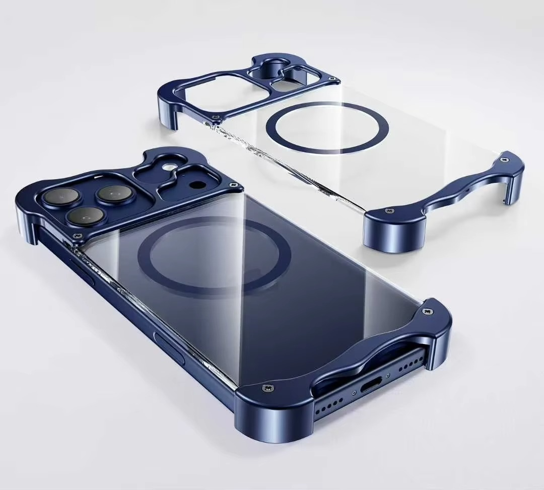 Premium iPhone Case MagSafe Compatible Magnetic Bumper Aluminum Corner Protection Transparent Back Shockproof Metal Pads Camera Lens Guard Slim Frameless Design