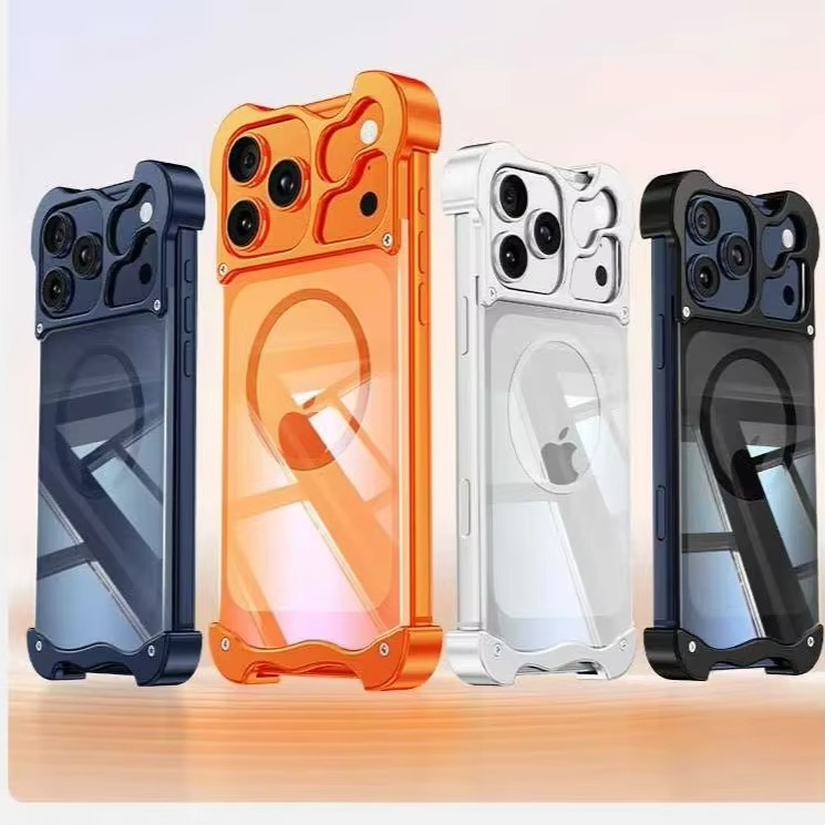 Premium iPhone Case MagSafe Compatible Magnetic Bumper Aluminum Corner Protection Transparent Back Shockproof Metal Pads Camera Lens Guard Slim Frameless Design