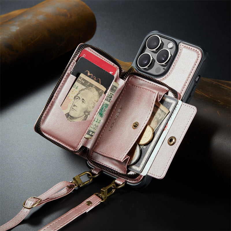 Premium iPhone Case MagSafe Compatible Magnetic Crossbody Wallet Cover PU Leather Card Holder Strap Stand Shockproof Full Protection Slim Design