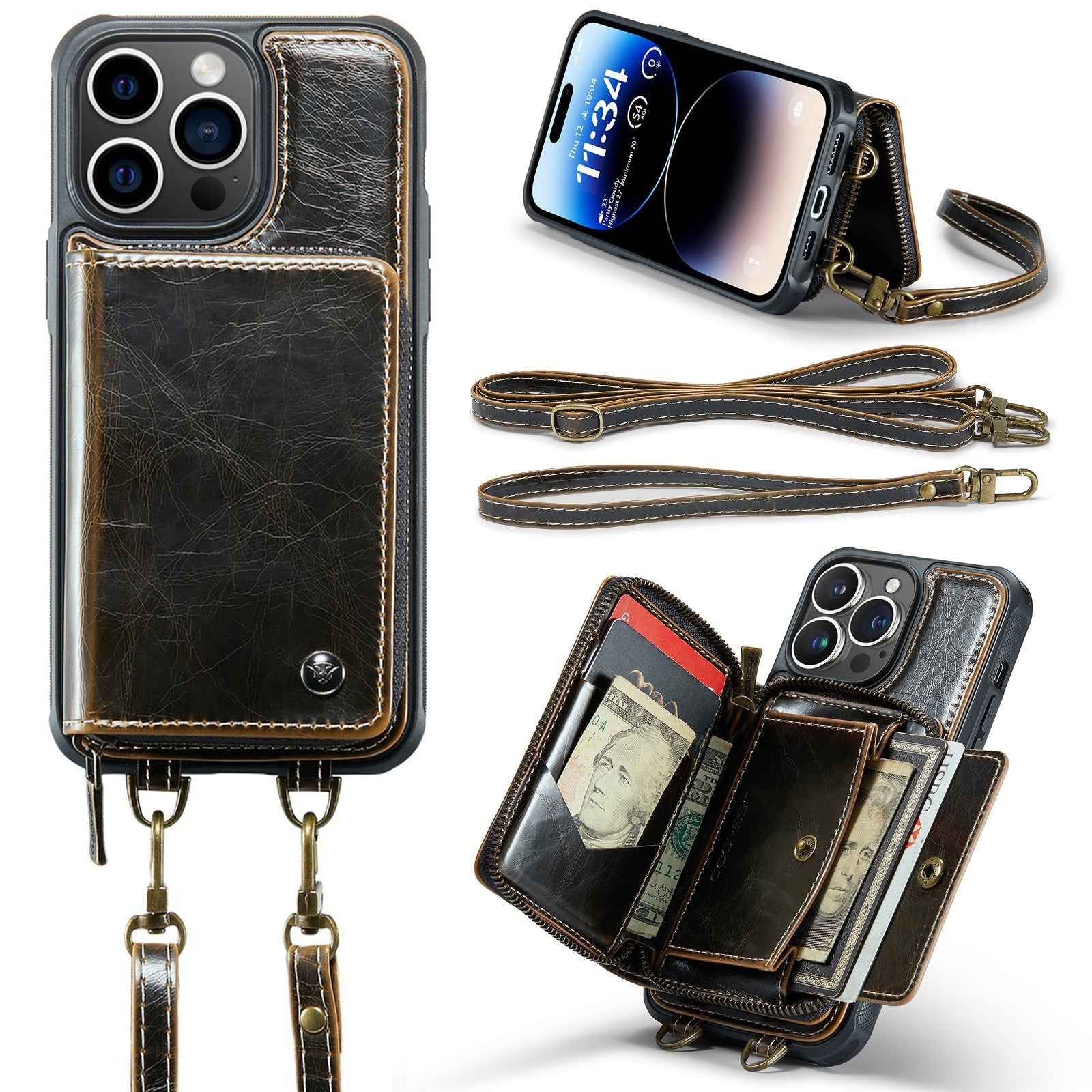 Premium iPhone Case MagSafe Compatible Magnetic Crossbody Wallet Cover PU Leather Card Holder Strap Stand Shockproof Full Protection Slim Design
