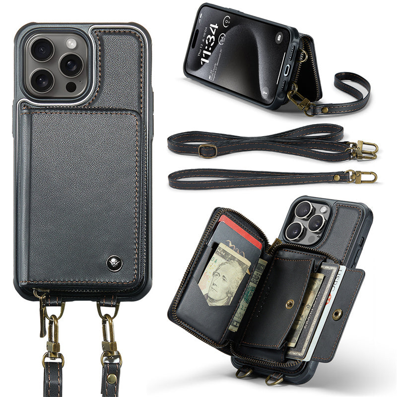Premium iPhone Case MagSafe Compatible Magnetic Crossbody Wallet Cover PU Leather Card Holder Strap Stand Shockproof Full Protection Slim Design