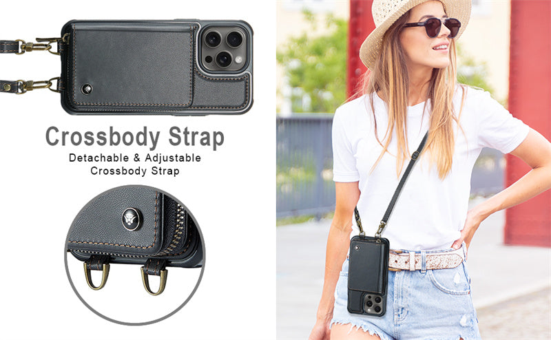 Premium iPhone Case MagSafe Compatible Magnetic Crossbody Wallet Cover PU Leather Card Holder Strap Stand Shockproof Full Protection Slim Design