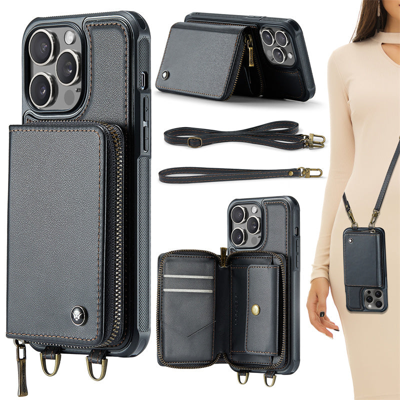 Premium iPhone Case MagSafe Compatible Magnetic Crossbody Wallet Cover PU Leather Card Holder Strap Stand Shockproof Full Protection Slim Design