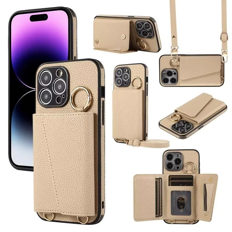 Premium iPhone Case MagSafe Compatible Magnetic Crossbody Wallet Cover PU Leather Card Slots Finger Ring Buckle Strap Shockproof Full Protection Slim Design