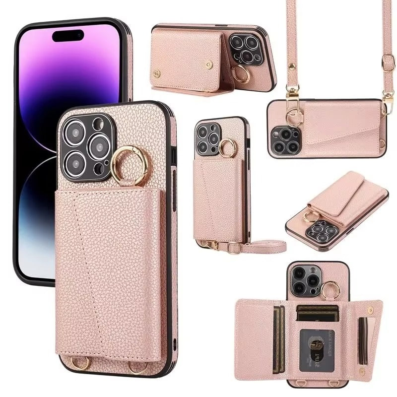 Premium iPhone Case MagSafe Compatible Magnetic Crossbody Wallet Cover PU Leather Card Slots Finger Ring Buckle Strap Shockproof Full Protection Slim Design