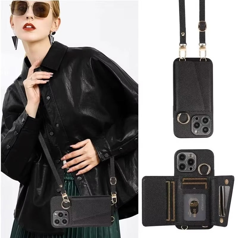 Premium iPhone Case MagSafe Compatible Magnetic Crossbody Wallet Cover PU Leather Card Slots Finger Ring Buckle Strap Shockproof Full Protection Slim Design