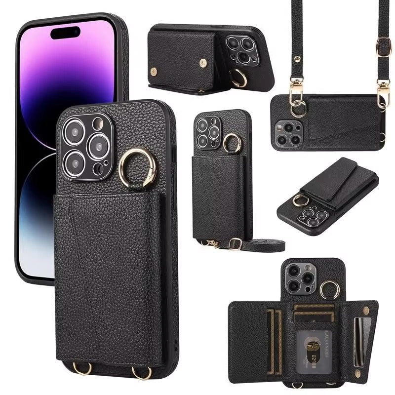Premium iPhone Case MagSafe Compatible Magnetic Crossbody Wallet Cover PU Leather Card Slots Finger Ring Buckle Strap Shockproof Full Protection Slim Design