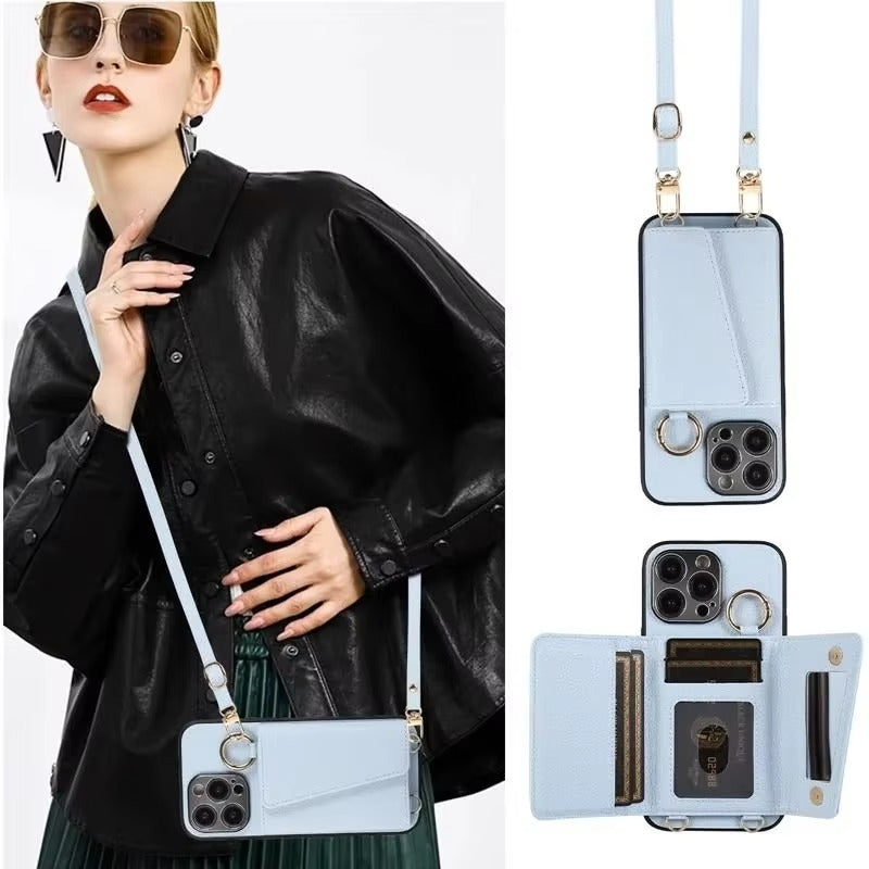 Premium iPhone Case MagSafe Compatible Magnetic Crossbody Wallet Cover PU Leather Card Slots Finger Ring Buckle Strap Shockproof Full Protection Slim Design
