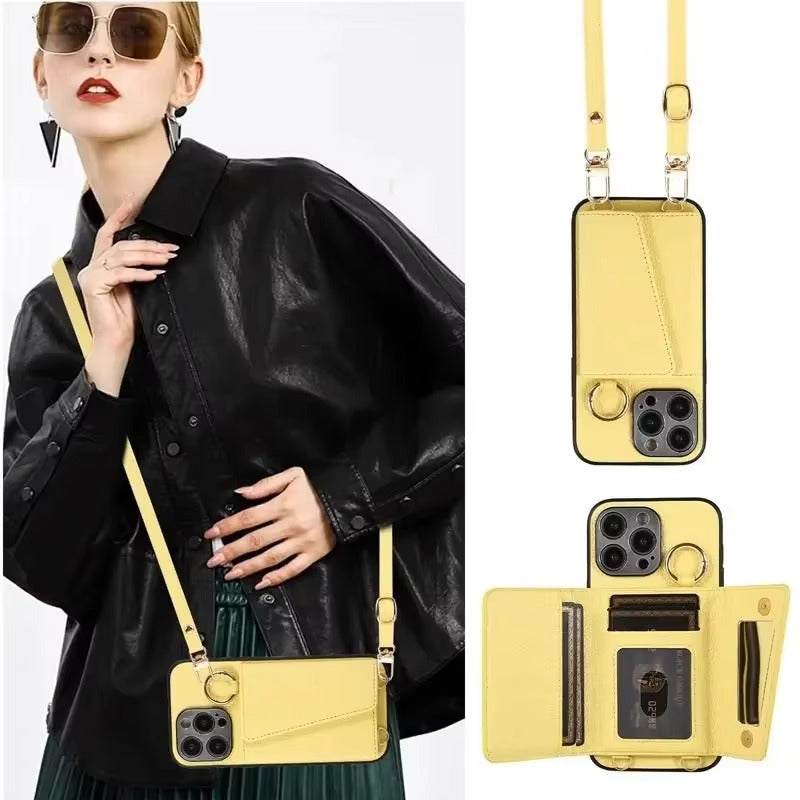 Premium iPhone Case MagSafe Compatible Magnetic Crossbody Wallet Cover PU Leather Card Slots Finger Ring Buckle Strap Shockproof Full Protection Slim Design