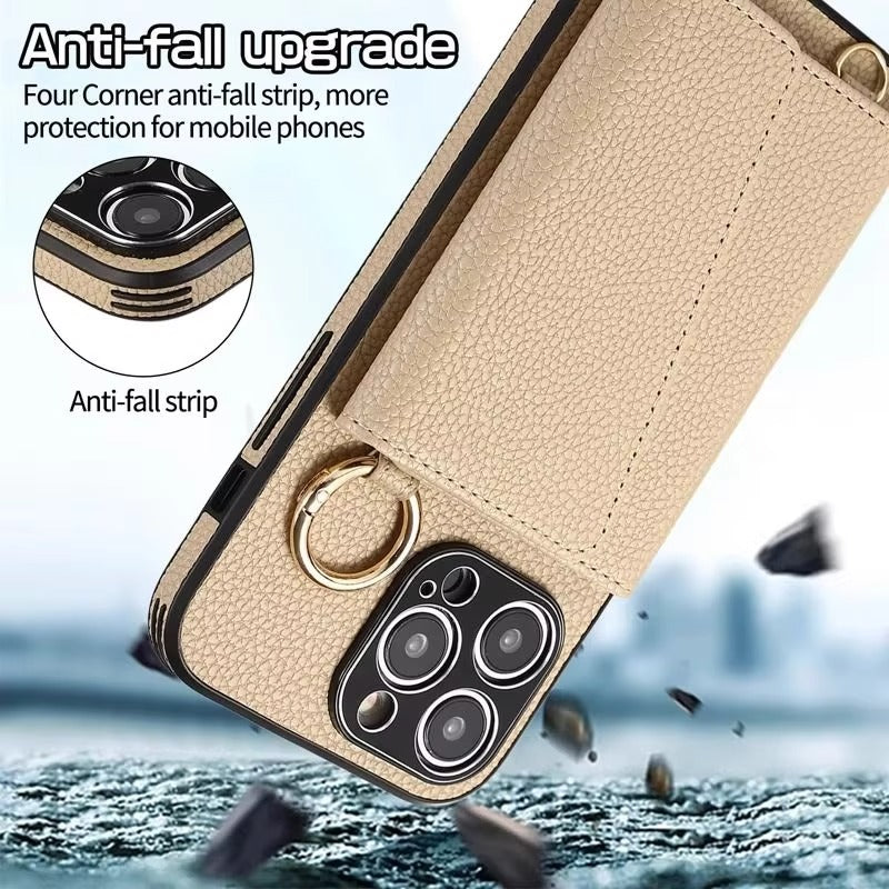 Premium iPhone Case MagSafe Compatible Magnetic Crossbody Wallet Cover PU Leather Card Slots Finger Ring Buckle Strap Shockproof Full Protection Slim Design
