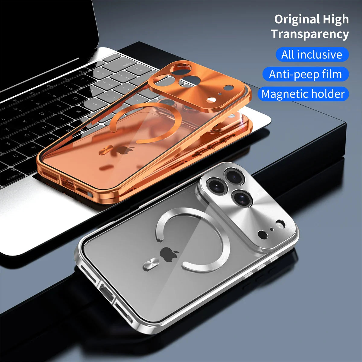 Premium iPhone Case MagSafe Compatible Magnetic Protective Cover Aluminum Frame Privacy Screen Protector Clear Back Shockproof Camera Lens Guard Slim Design