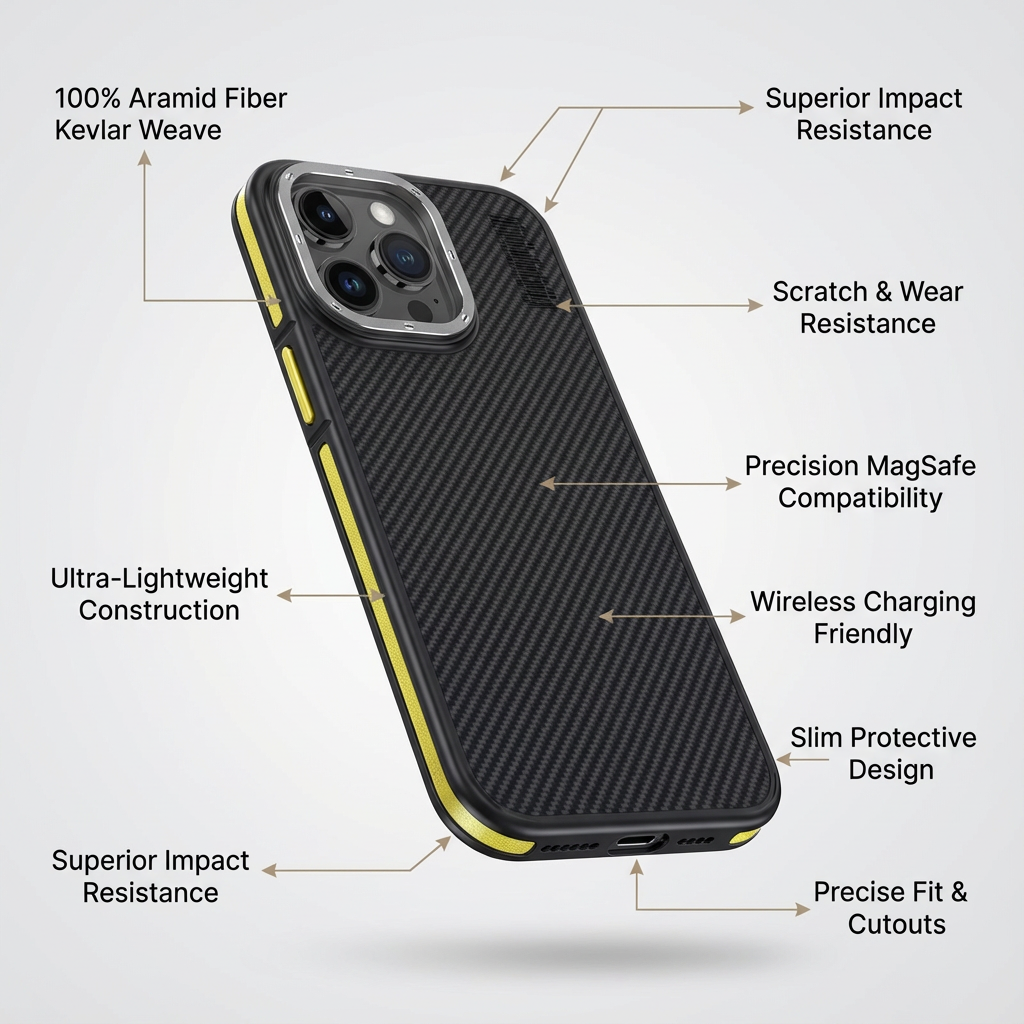 Premium iPhone Case MagSafe Compatible Magnetic Protective Cover Aramid Fiber 600D Ultra Thin Lightweight Shockproof Carbon Texture Slim Design