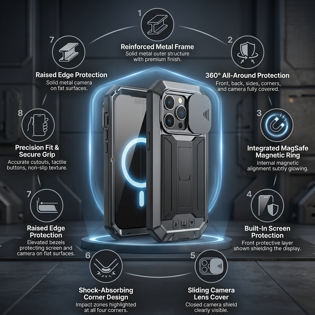Premium iPhone Case MagSafe Compatible Magnetic Protective Cover Military Heavy Duty Metal Armor Full Body Hybrid Design Slide Camera Cover Tempered Glass Screen Shockproof Waterproof Rugged Design