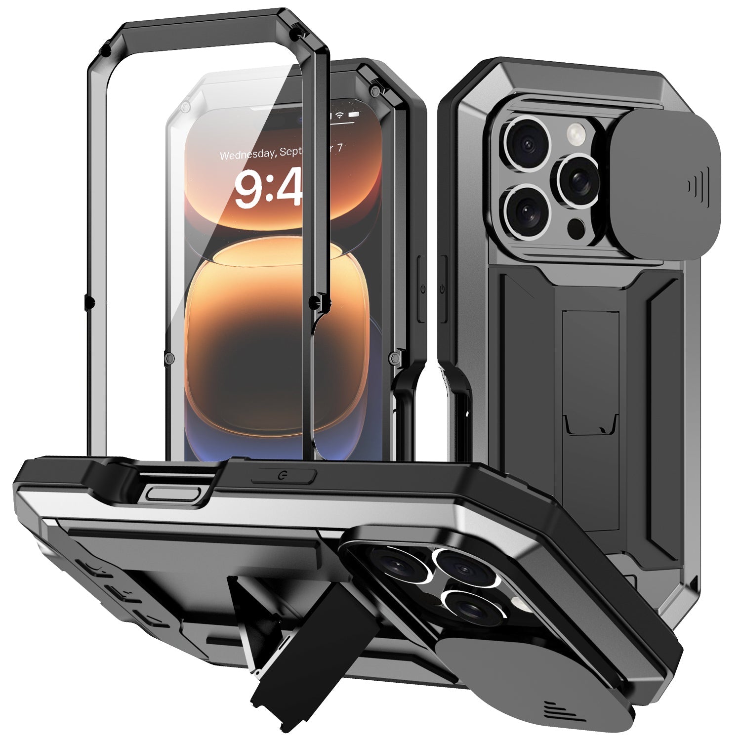 Premium iPhone Case MagSafe Compatible Magnetic Protective Cover Military Heavy Duty Metal Armor Full Body Hybrid Design Slide Camera Cover Tempered Glass Screen Shockproof Waterproof Rugged Design