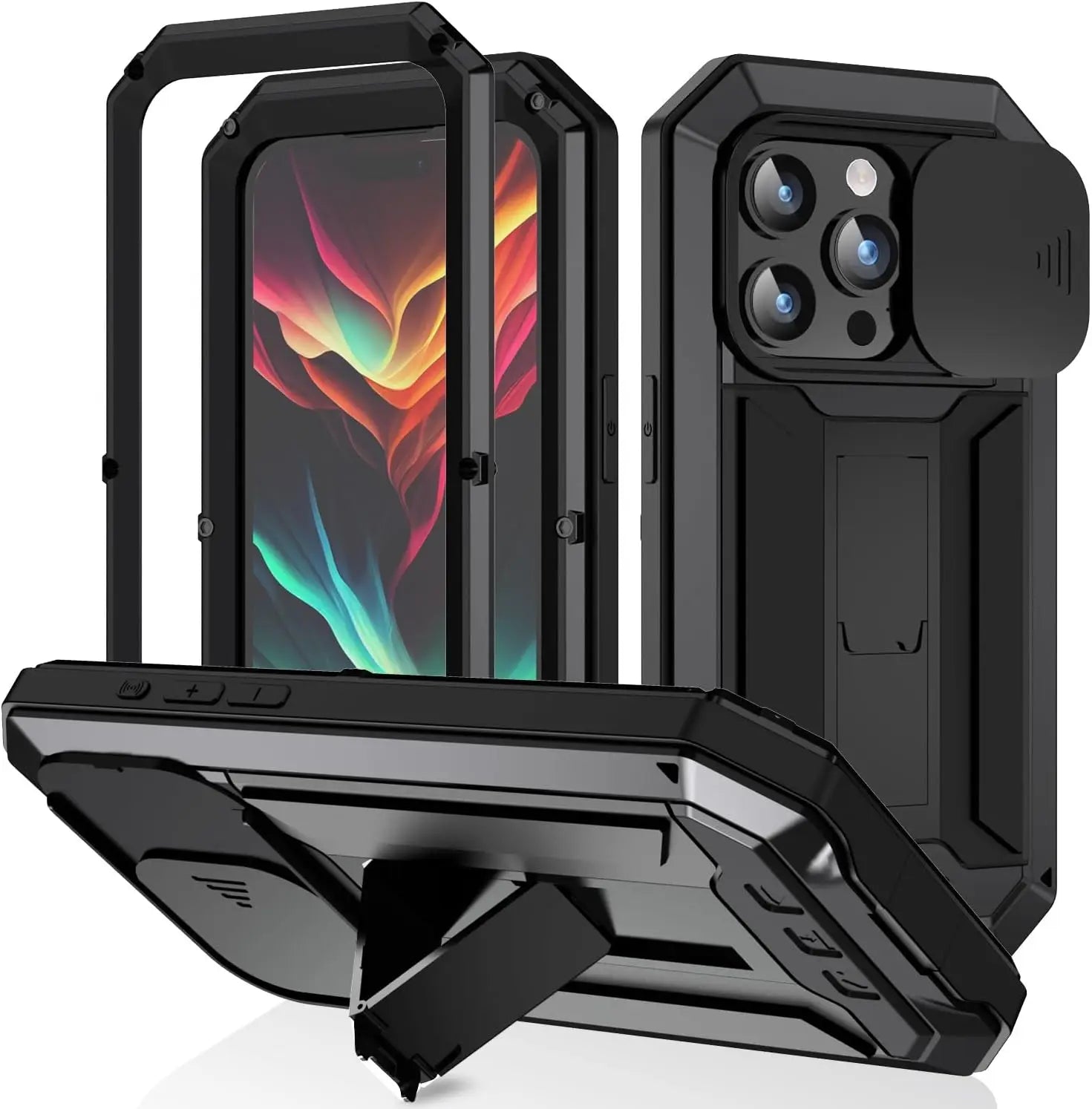 Premium iPhone Case MagSafe Compatible Magnetic Protective Cover Military Heavy Duty Metal Armor Full Body Hybrid Design Slide Camera Cover Tempered Glass Screen Shockproof Waterproof Rugged Design