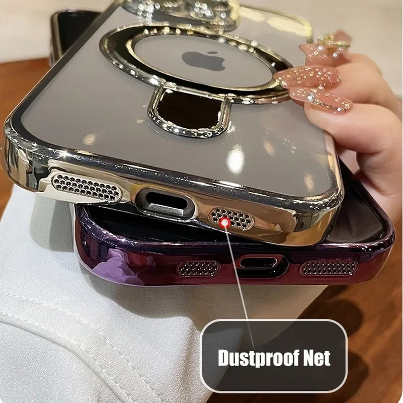 Premium iPhone Case MagSafe Compatible Magnetic Protective Cover Transparent Acrylic Back Plating Frame Built-in Stand Shockproof PC Bumper Slim Design