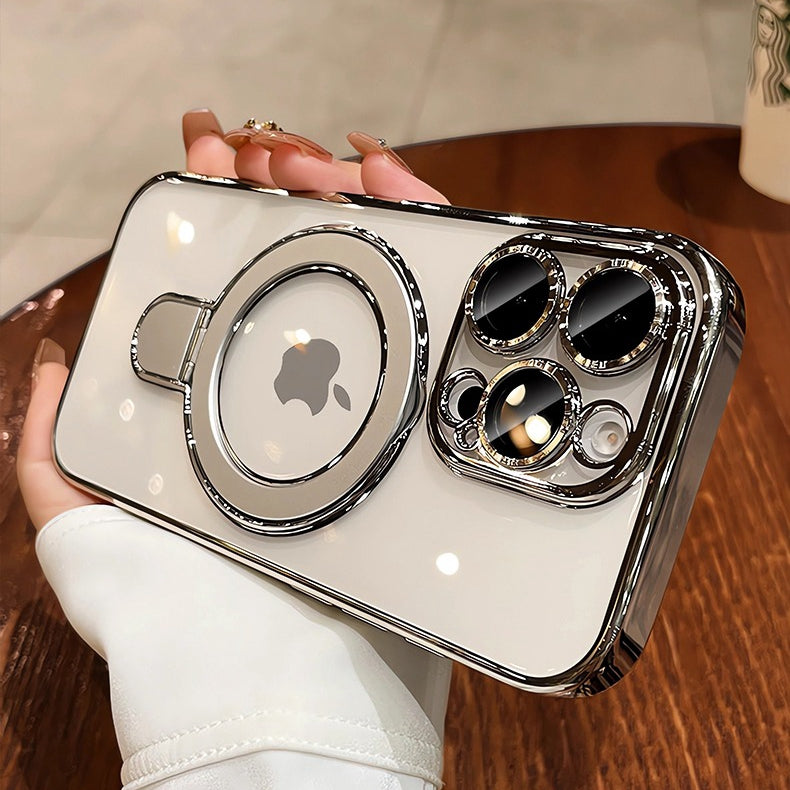 Premium iPhone Case MagSafe Compatible Magnetic Protective Cover Transparent Acrylic Back Plating Frame Built-in Stand Shockproof PC Bumper Slim Design