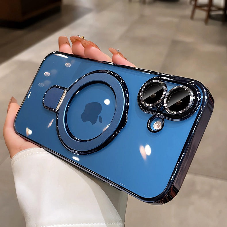 Premium iPhone Case MagSafe Compatible Magnetic Protective Cover Transparent Acrylic Back Plating Frame Built-in Stand Shockproof PC Bumper Slim Design