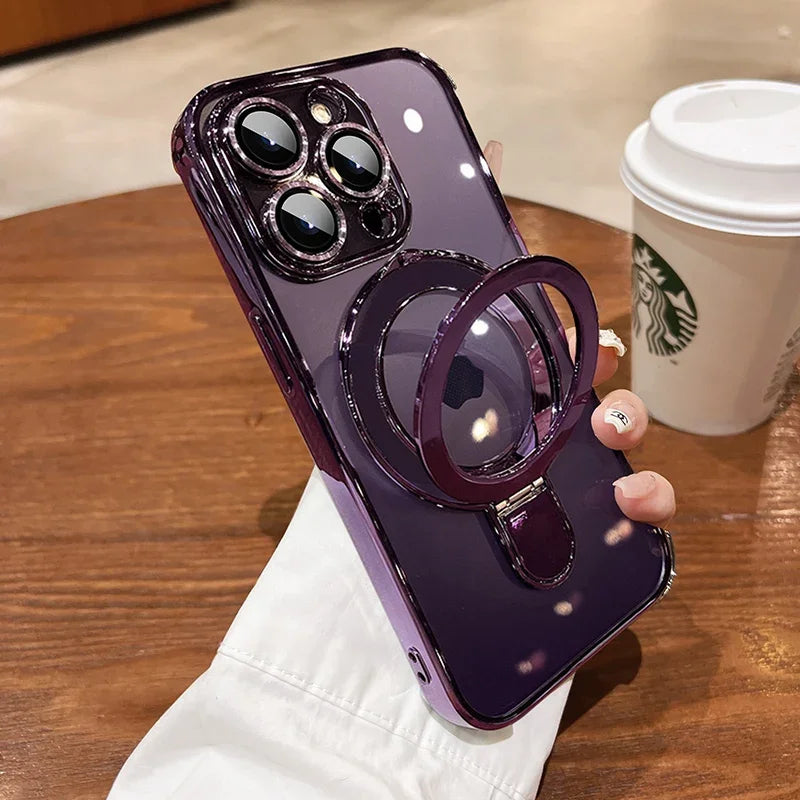 Premium iPhone Case MagSafe Compatible Magnetic Protective Cover Transparent Acrylic Back Plating Frame Built-in Stand Shockproof PC Bumper Slim Design