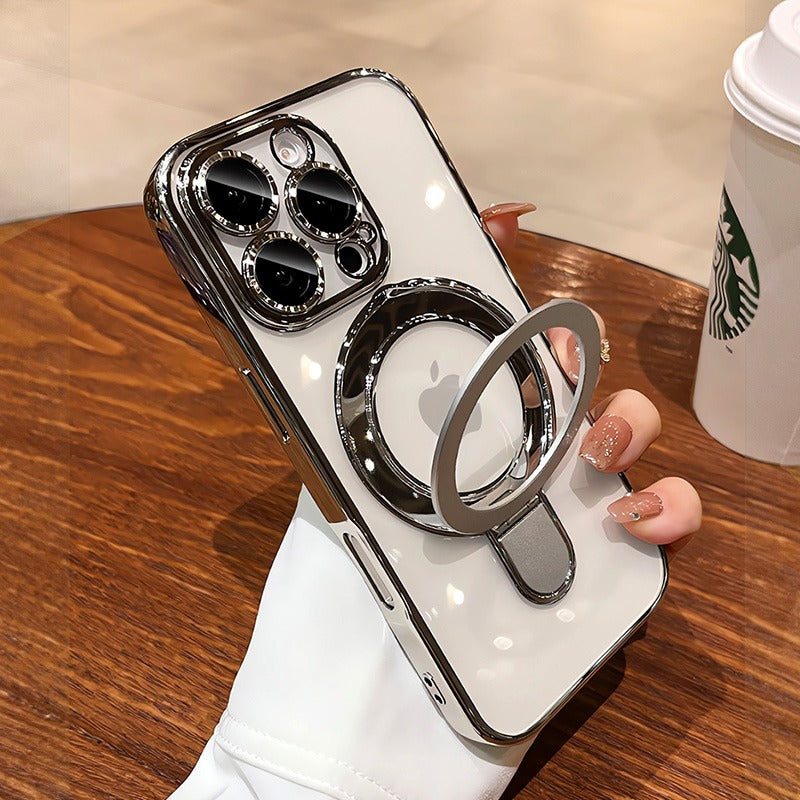 Premium iPhone Case MagSafe Compatible Magnetic Protective Cover Transparent Acrylic Back Plating Frame Built-in Stand Shockproof PC Bumper Slim Design
