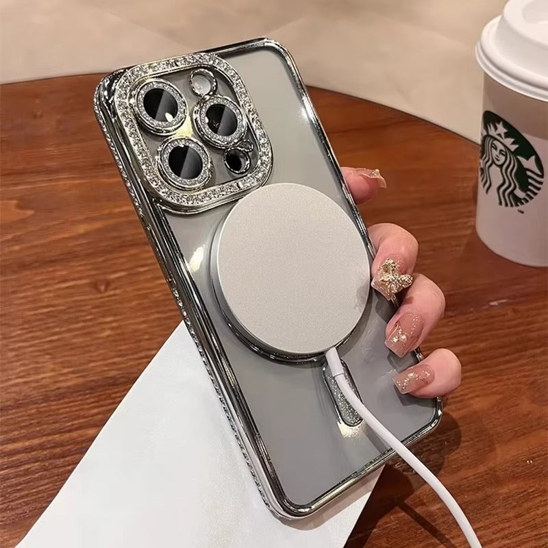 Premium iPhone Case MagSafe Compatible Magnetic Protective Cover Transparent Glitter Diamond Design Shockproof Bumper Camera Lens Protection Ultra Thin Slim